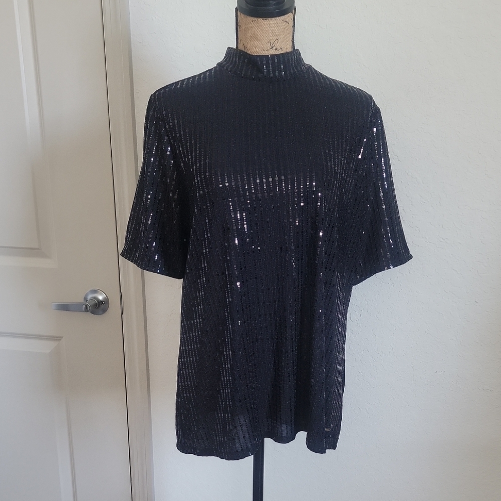 Anne Klein Black Sequin Blouse with Mandarin Collar